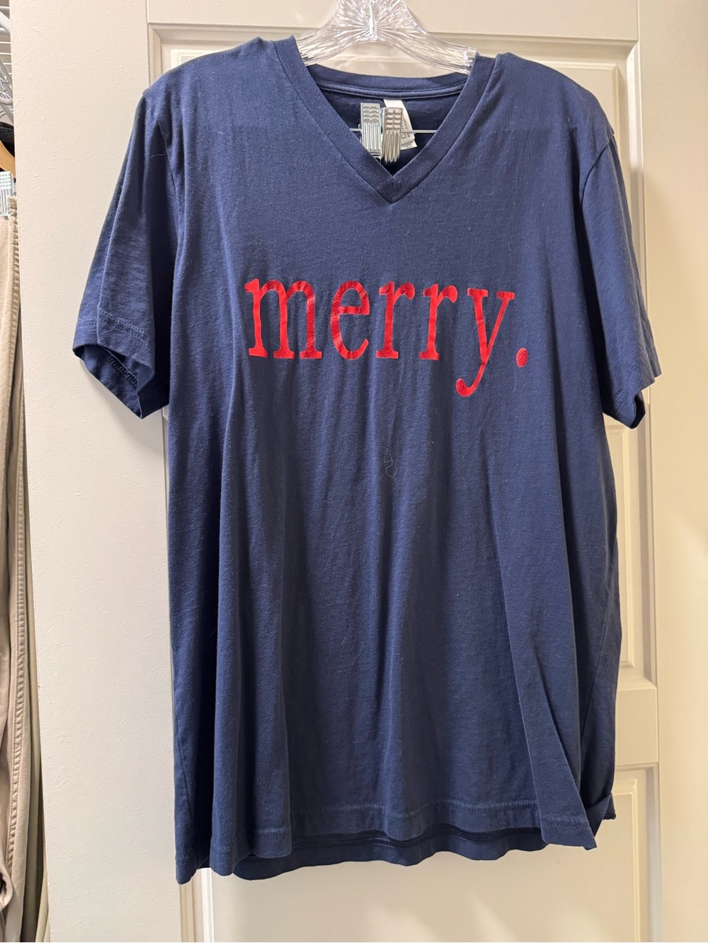 Bella Canvas Navy V-Neck Tee with Red "merry." Graphic